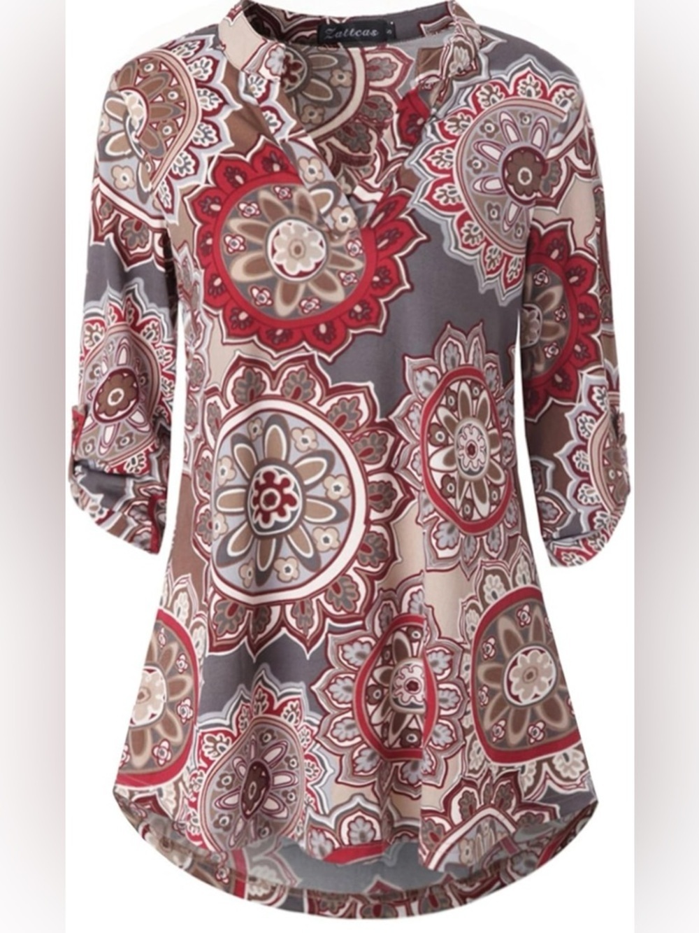 Zattcas Red,Tan&Gray Floral Patterned Tunic. 3/4 Roll Sleeves. Sz L. Notch Neck